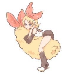 Rule 34 | 1girl, arm support, bare shoulders, black collar, black shorts, black sleeves, blonde hair, blue eyes, bow, collar, commentary, crop top, detached sleeves, food, full body, gurukuma, hair bow, hair ornament, hairclip, head rest, headphones, highres, kagamine rin, leg warmers, looking at viewer, oversized food, oversized object, pout, red bow, riding, sailor collar, school uniform, shirt, short hair, short shorts, shorts, shrimp, shrimp tempura, sleeveless, sleeveless shirt, solo, spiked hair, swept bangs, tempura, vocaloid, white bow, white footwear