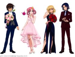 Rule 34 | athrun zala, blonde hair, blue eyes, blue hair, bouquet, brother and sister, brown eyes, brown hair, cagalli yula athha, dress, flower, formal, green eyes, gundam, gundam seed, gundam seed destiny, hair ornament, haro, highres, holding, holding bouquet, kira yamato, lacus clyne, official alternate costume, official art, pants, pink dress, pink hair, purple eyes, short hair, siblings, smile, suit, yellow eyes