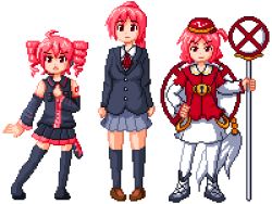 Rule 34 | 3girls, boots, cross-laced footwear, crossover, drill hair, k-on!, kasane teto, kawashiro mitori, lace-up boots, layered sleeves, lowres, miura akane, multiple crossover, multiple girls, original, parody, pink hair, pixel art, red eyes, school uniform, thighhighs, touhou, trait connection, twin drills, twintails, utau, vocaloid