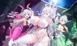 Rule 34 | 3girls, alternate costume, animal ears, arianna the labrynth servant, arianne the labrynth servant, bare shoulders, black leotard, blush, breasts, cleavage, demon girl, demon horns, demon wings, duel monster, fang, fang out, gloves, green eyes, green pantyhose, grey eyes, highres, horns, impossible clothes, large breasts, leotard, looking at viewer, lovely labrynth of the silver castle, low wings, medium breasts, moon, multiple girls, navel, ojou-sama pose, pantyhose, pink pantyhose, playboy bunny, pointy ears, purple eyes, rabbit ears, small breasts, smile, stomach, strapless, strapless leotard, thighhighs, thighs, twintails, white hair, white leotard, wings, xiujia yihuizi, yu-gi-oh!