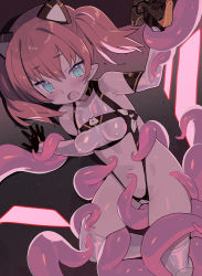 Rule 34 | 1girl, black gloves, blade (galaxist), blue eyes, blush, breasts, brown hair, copyright request, covered erect nipples, gloves, highres, leotard, looking at viewer, navel, open mouth, pointy ears, restrained, revealing clothes, small breasts, solo, tentacles, thighhighs, twintails, white thighhighs