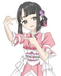 Rule 34 | 1girl, black hair, blunt bangs, blush, commentary, finger frame, green eyes, hair bun, hair ornament, highres, japanese clothes, kimono, link! like! love live!, llkapital, looking to the side, love live!, momose ginko, parted lips, pink kimono, puffy short sleeves, puffy sleeves, sash, short hair, short sleeves, sidelocks, solo, sugao no pixel (love live!), upper body, virtual youtuber, white background, white sash