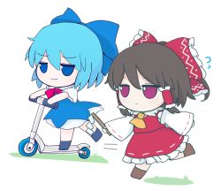 Rule 34 | 2girls, ascot, blue bow, blue dress, blue eyes, blue hair, bow, brown footwear, brown hair, character doll, cirno, closed mouth, collar, collared shirt, detached sleeves, doll, dress, frilled bow, frilled hair tubes, frilled skirt, frills, full body, fumo (doll), gohei, hair bow, hair tubes, hakurei reimu, highres, holding, ice, ice wings, long dress, medium hair, motor vehicle, multiple girls, neck ribbon, nontraditional miko, pinafore dress, puffy short sleeves, puffy sleeves, red bow, red eyes, red ribbon, red shirt, red skirt, rei (tonbo0430), ribbon, ribbon-trimmed sleeves, ribbon trim, riding, scooter, shirt, short hair, short sleeves, sidelocks, simple background, skirt, skirt set, sleeveless, sleeveless dress, touhou, walking, white background, white collar, white shirt, wings, yellow ascot