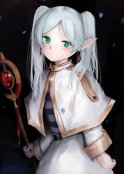 Rule 34 | 1girl, 73suke, absurdres, black background, capelet, dangle earrings, dress, drop earrings, earrings, elf, frieren, green eyes, grey hair, highres, holding, holding staff, jewelry, long hair, looking at viewer, mage staff, parted bangs, pointy ears, simple background, smile, solo, sousou no frieren, staff, twintails, white capelet, white dress