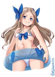 Rule 34 | &gt;:), 1girl, alternate costume, asakaze (kancolle), bare arms, bare shoulders, bikini, blue eyes, blush, bow, breasts, cleavage, collarbone, commentary request, cowboy shot, cropped legs, ebifurya, from below, groin, hair bow, highres, kantai collection, lifebuoy, light brown hair, long hair, looking at viewer, lowleg, lowleg bikini, one-hour drawing challenge, parted bangs, small breasts, smug, solo, stomach, swim ring, swimsuit, thighs, twitter username, v-shaped eyebrows, wavy hair, white background, white bikini