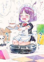 Rule 34 | 1girl, ahoge, apron, black dress, blush, box, brown background, cardboard box, closed eyes, collared dress, commentary request, crying, cup, dress, emphasis lines, flying sweatdrops, gomennasai, holding, holding tray, maid, maid apron, maid headdress, no shoes, open mouth, original, outstretched arm, puffy short sleeves, puffy sleeves, purple hair, robotic vacuum cleaner, saucer, short sleeves, socks, solo, spoon, stuffed animal, stuffed panda, stuffed toy, tears, teeth, translation request, tray, upper teeth only, white socks, wooden floor