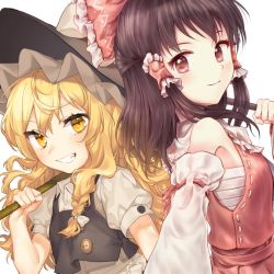 Rule 34 | 2girls, ascot, bad id, bad twitter id, blonde hair, bow, braid, broom, brown hair, buttons, detached sleeves, gohei, hair between eyes, hair bow, hair tubes, hakurei reimu, hat, hat bow, japanese clothes, juliet sleeves, kirisame marisa, long sleeves, miko, minust, multiple girls, puffy sleeves, ribbon, ribbon-trimmed sleeves, ribbon trim, sarashi, short sleeves, side braid, single braid, touhou, wavy hair, white background, white bow, wide sleeves, witch hat, yellow eyes