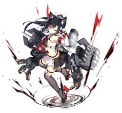 Rule 34 | 1girl, animal ears, armpits, azur lane, bare shoulders, black hair, breasts, detached sleeves, fingerless gloves, floating hair, full body, gloves, grey thighhighs, hair ribbon, long hair, long sleeves, looking at viewer, machinery, mechanical arms, medium breasts, midriff, miniskirt, nail polish, official art, one eye closed, pleated skirt, ponytail, red eyes, red ribbon, retrofit (azur lane), revealing clothes, ribbon, rudder footwear, saru, shigure (azur lane), shoes, single mechanical arm, skirt, smile, smokestack, solo, tachi-e, tail, thighhighs, tongue, tongue out, transparent background, turret, very long hair, white skirt, wolf ears, wolf girl, wolf tail, zettai ryouiki