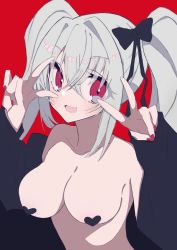 Rule 34 | 1girl, black bow, bow, breasts, jacket, large breasts, open clothes, open jacket, open mouth, pasties, peace symbol, pig tail, red background, red eyes, skeb, tail, white hair