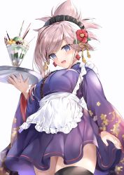 Rule 34 | 1girl, absurdres, apron, black thighhighs, blue eyes, blush, breasts, camellia, commentary request, cowboy shot, earrings, fate/grand order, fate (series), fingernails, flower, food, frilled apron, frills, from below, hair flower, hair ornament, hane yuki, highres, holding, holding tray, ice cream, japanese clothes, jewelry, kimono, kimono skirt, looking at viewer, maid, maid headdress, medium breasts, miyamoto musashi (fate), open mouth, parfait, pink hair, pocky, purple kimono, simple background, smile, solo, tassel, thighhighs, tray, wa maid, waitress, white background, wide sleeves, zettai ryouiki