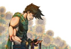 Rule 34 | 1boy, abs, artist name, blue eyes, brown hair, clenched teeth, cobyfrog, crying, fingerless gloves, flower, from side, gloves, holding, jojo no kimyou na bouken, joseph joestar, joseph joestar (young), looking down, male focus, muscular, scarf, solo, streaming tears, sunflower, tears, teeth, upper body, wrist cuffs