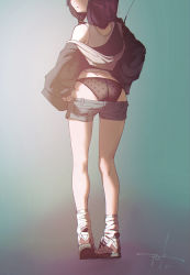 Rule 34 | 1girl, ass, chromatic aberration, clothes pull, commentary request, dimples of venus, from behind, hair over shoulder, head out of frame, highres, hood, hood down, hoodie, kneepits, legs, long hair, loose socks, off shoulder, panties, print panties, puk (higanbana doujin), pulled by self, purple hair, school uniform, serafuku, shoes, short shorts, shorts, shorts pull, sleeves past wrists, sneakers, socks, solo, streaming-chan, tank top, underwear, va-11 hall-a, walkie-talkie