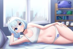 Rule 34 | 1girl, absurdres, alceid, amami ami, bed, bed sheet, blue eyes, blue hair, bookshelf, bow, bra, breasts, building, city, cityscape, closed mouth, commission, highres, indoors, knee up, knees up, long hair, looking at viewer, nose, on bed, panties, picture frame, pillow, prism project, small breasts, underwear, underwear only, virtual youtuber, wallpaper, white bra, white panties, window