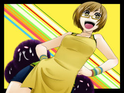 Rule 34 | 1girl, :d, apron, atlus, brown eyes, brown hair, glasses, hands on own hips, open mouth, persona, persona 4, satonaka chie, shimizu kokeshi, short hair, smile, solo, yellow-framed eyewear