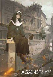 Rule 34 | 1girl, 2016, animal, bird, black eyes, black hair, building, car, cat, closed mouth, cloud, cross, cross necklace, dated, day, embers, english text, fire, full body, highres, jewelry, long sleeves, mecha, motor vehicle, necklace, nun, original, outdoors, peace symbol, ray (zzr111), robot, ruins, shoes, short hair, sitting, sky, smoke, traditional nun