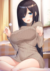 Rule 34 | 1girl, :d, barefoot, bed, black hair, blue eyes, blush, breasts, dress, eyes visible through hair, grey dress, grey sweater, hair over one eye, holding, indoors, large breasts, long hair, long sleeves, looking at viewer, mimikaki, open mouth, original, ribbed sweater, sitting, smile, solo, straight hair, super nagoyaka, sweater, sweater dress, turtleneck, turtleneck sweater, very long hair, yokozuwari