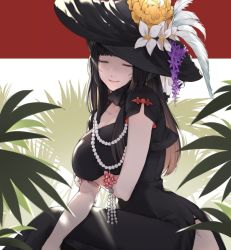 Rule 34 | 1girl, arm under breasts, bare arms, bead necklace, beads, black dress, black hair, black hat, breast hold, breasts, chin strap, closed eyes, day, dmuyaa, dress, facial mark, facing viewer, final fantasy, final fantasy xiv, flower, hat, hat feather, hat flower, hat ribbon, jewelry, large breasts, lipstick, long hair, makeup, miqo&#039;te, mole, mole under eye, necklace, palm leaf, plant, purple flower, ribbon, short sleeves, side slit, sitting, smile, solo, sun hat, sunlight, two-sided fabric, warrior of light (ff14), whisker markings, white flower, yellow flower