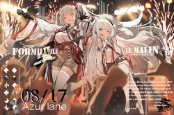 Rule 34 | + +, 2girls, :d, ^ ^, absurdres, alternate costume, arm up, artist name, azur lane, bare shoulders, birthday, blue eyes, blurry, blush, breasts, character name, closed eyes, concert, crop top, detached sleeves, double bun, drum, electric guitar, english text, fender telecaster, fireworks, flat chest, formidable (azur lane), glowstick, grey hair, guitar, hair between eyes, hair bun, hair ornament, highres, holding, holding instrument, holding microphone, idol, instrument, japanese clothes, kincora, large breasts, le malin (azur lane), long hair, long sleeves, looking at viewer, lyrics, microphone, midriff, multiple girls, music, navel, official alternate costume, one eye closed, open mouth, playing instrument, shirt, short shorts, shorts, sidelocks, signature, singing, sitting, sketch, skirt, sleeveless, small breasts, smile, stage lights, standing, suspender shorts, suspenders, thighhighs, twintails, very long hair, white hair, white shirt, white thighhighs, wide sleeves, zettai ryouiki