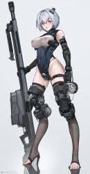 Rule 34 | 1girl, absurdres, anti-materiel rifle, arm tattoo, barcode, barcode tattoo, blue eyes, blue leotard, blue nails, breasts, commentary, covered erect nipples, crotch plate, cuffs, cyborg, digitigrade, english commentary, eyeball, full body, groin, gun, headgear, high heels, highleg, highleg leotard, highres, holding, holding gun, holding weapon, huge weapon, iuui, joints, large breasts, leotard, long legs, mechanical arms, mechanical legs, nail polish, original, planted, rifle, robot joints, see-through, see-through legwear, shackles, short hair, silver hair, sniper rifle, solo, tattoo, taut leotard, thigh strap, toeless legwear, toenail polish, toenails, toes, twitter username, two-tone leotard, uncensored, weapon, white leotard