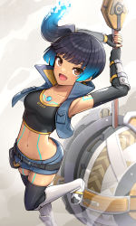 Rule 34 | absurdres, blue hair, chest jewel, fiery hair, glowing lines, gonzarez, hammer, highres, holding, holding hammer, holding weapon, leggings, navel, sena (xenoblade), shoulder strap, side ponytail, sports bra, weapon, xenoblade chronicles (series), xenoblade chronicles 3