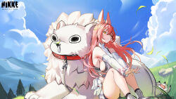 Rule 34 | 1girl, 1other, @ @, absurdres, animal collar, animal ear fluff, animal ears, armpits, bare shoulders, bike shorts, blue sky, blush, breasts, cloud, collar, day, detached sleeves, goddess of victory: nikke, grass, hair between eyes, hair intakes, highres, knees up, large breasts, leona (nikke), lion, long hair, nervous, official art, outdoors, pink hair, runny nose, second-party source, shirt, sideboob, sideless shirt, sidelocks, sitting, sky, snot, sunlight, tail, timi (nikke), watermark, white shirt, yellow eyes, zipper