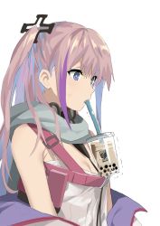 Rule 34 | 1girl, anger vein, blue eyes, breasts, bright pupils, bubble tea, bubble tea challenge, cheating (relationship), cleavage, drinking, drinking straw, girls&#039; frontline, hair ornament, highres, long hair, mouth hold, multicolored hair, ningen (ningen96), object on breast, off shoulder, one side up, pink hair, purple hair, scarf, sidelocks, simple background, small breasts, solo, st ar-15 (girls&#039; frontline), streaked hair, sweat, sweatdrop, trembling, upper body, white background, white pupils