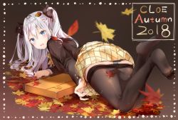 Rule 34 | absurdres, ass, autumn leaves, bag, black pantyhose, black ribbon, blazer, blue eyes, blue panties, blush, bow, bowtie, braid, brown jacket, clothes lift, clothes pull, embarrassed, feet, feet up, hair between eyes, hair ribbon, highres, jacket, long sleeves, looking at viewer, looking back, no shoes, on ground, open mouth, original, panties, pantyhose, pantyhose pull, pleated skirt, ribbon, school bag, shirt, sidelocks, silver hair, skirt, skirt lift, solo, thighband pantyhose, two side up, underwear, white shirt, yellow bow, yellow bowtie, yellow skirt, yoshida iyo