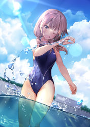 Rule 34 | 1girl, absurdres, blue one-piece swimsuit, blue sky, brown eyes, cloud, commentary request, commission, competition swimsuit, cowboy shot, dutch angle, grey hair, highres, lens flare, looking at viewer, one-piece swimsuit, one eye closed, open mouth, original, pink hair, pixiv commission, renka (renkas), sky, solo, swimsuit, water