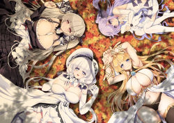 Rule 34 | 4girls, absurdres, autumn leaves, azur lane, between breasts, black dress, black legwear, black panties, black ribbon, blonde hair, blue eyes, blue flower, blue rose, breasts, center opening, chain, cleavage, detached collar, dress, elbow gloves, flower, flower ornament, formidable (azur lane), frilled dress, frills, from above, garter straps, gloves, gold chain, gold trim, gothic lolita, hair ribbon, hat, highres, huge filesize, illustrious (azur lane), lace-trimmed headwear, lace trim, large breasts, laurel crown, lolita fashion, long hair, looking at viewer, lying, multiple girls, navel, neckwear between breasts, hugging object, on back, open clothes, open dress, open mouth, panties, platinum blonde hair, purple eyes, purple hair, raranokusu, red eyes, ribbon, rose, sleeveless, sleeveless dress, smile, strapless, strapless dress, stuffed animal, stuffed toy, stuffed unicorn, sun hat, thighhighs, tress ribbon, tri tails, twintails, two-tone dress, two-tone ribbon, underwear, unicorn (azur lane), very long hair, victorious (azur lane), white dress, white gloves, white hair, white headwear, white legwear, wrist ribbon