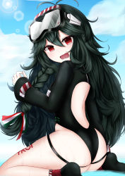 Rule 34 | 1girl, @ @, absurdres, artist request, ass, ass focus, azur lane, bare legs, black one-piece swimsuit, blush, bodysuit, breasts, curvy, dark green hair, diving mask, diving mask on head, diving suit, from behind, goggles, goggles on head, highleg, highleg swimsuit, highres, huge ass, leg tattoo, long hair, looking at viewer, looking back, one-piece swimsuit, open mouth, red eyes, shiny skin, sitting, skin tight, skindentation, sky, solo, spread legs, swimsuit, tattoo, thighs, torricelli (azur lane), wetsuit