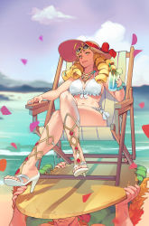 Rule 34 | 1boy, 1girl, absurdres, beach, bikini, blonde hair, breasts, closed mouth, cloud, commentary, crossed legs, cup, dated, drill hair, drinking glass, english commentary, eyewear on head, full body, hat, highres, holding, holding cup, jewelry, kanzuki karin, looking at viewer, medium breasts, navel, necklace, norasuko, ocean, outdoors, petals, purple sky, sandals, signature, sitting, sky, smile, straw hat, street fighter, sunglasses, swimsuit, toes, white bikini, white footwear, yellow eyes