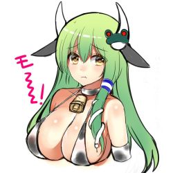 Rule 34 | 1girl, :t, animal costume, animal print, bad id, bad twitter id, bare shoulders, bell, neck bell, blush, bra, breasts, cleavage, collar, cow costume, cow girl, cow horns, cow print, frog hair ornament, green hair, hair ornament, hair tubes, horns, kochiya sanae, large breasts, long hair, looking at viewer, pout, snake hair ornament, solo, tareme, touhou, tsukiriran, underwear, upper body, white background, yellow eyes