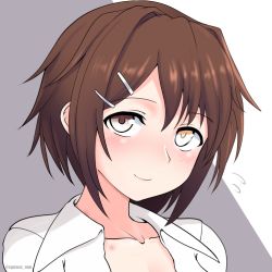 Rule 34 | 1girl, blush, brown eyes, brown hair, closed mouth, collarbone, cypress, flying sweatdrops, furutaka (kancolle), hair between eyes, hair ornament, hairclip, heterochromia, kantai collection, portrait, short hair, smile, solo, twitter username, two-tone background, yellow eyes