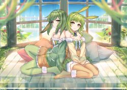 Rule 34 | 2girls, animal ears, back-to-back, between legs, blue sky, blurry, blurry foreground, blush, bobo (6630978), chinese commentary, commentary, depth of field, dual persona, fur-trimmed legwear, fur-trimmed skirt, fur-trimmed sleeves, fur trim, green hair, green jacket, green legwear, gumi, hand between legs, jacket, looking at breasts, multiple girls, orange shirt, orange skirt, orange thighhighs, pillow, plant, rabbit ears, shirt, short hair, short hair with long locks, sidelocks, sitting, skirt, sky, smile, thighhighs, vocaloid, wariza, wide shot, window