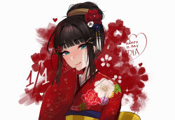 Rule 34 | 1girl, bad id, bad twitter id, blunt bangs, blush, brown hair, closed mouth, commentary, dated, english commentary, english text, floral print, green eyes, hair bun, hair ornament, happy birthday, head tilt, japanese clothes, kimono, kurosawa dia, looking at viewer, love live!, love live! school idol festival, love live! sunshine!!, mole, mole under mouth, obi, print kimono, red kimono, sash, single hair bun, smile, solo, terupancake, twitter username, upper body, yellow sash