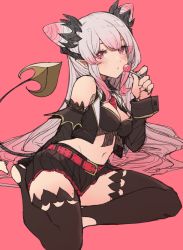 Rule 34 | 1girl, nanashi inc., bare shoulders, black skirt, blush, breasts, candy, cleavage, cleavage cutout, clothing cutout, cone hair bun, demon girl, demon horns, demon tail, detached sleeves, double bun, food, full body, goten (510gensoku), hair bun, holding, holding candy, holding food, holding lollipop, honey strap, horns, lollipop, long hair, long sleeves, looking at viewer, medium breasts, miniskirt, multicolored hair, navel, necktie, no shoes, parted lips, pink hair, red eyes, red necktie, silver hair, simple background, sitting, skirt, solo, suou patra, tail, thighhighs, very long hair, virtual youtuber, zettai ryouiki