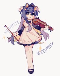 Rule 34 | 1girl, apron, avossu, black footwear, blonde hair, blue dress, blue eyes, blue hair, blush, bow (music), collar, commentary, cross, dot nose, dress, english commentary, frills, hair intakes, hair ornament, hairband, highres, holding, holding instrument, holding violin, instrument, kneehighs, long hair, long sleeves, looking at viewer, multicolored hair, open mouth, original, shoes, simple background, sleeve cuffs, smile, socks, solo, star (symbol), star hair ornament, two-tone hair, very long hair, violin, white apron, white background, white collar, white socks