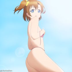 Rule 34 | 1girl, :o, absurdres, alter real zero, artist name, artist request, bare shoulders, bikini, bikini pull, blue eyes, blue sky, blush, bow, breasts, clothes pull, cloud, cover, day, female focus, from behind, hair between eyes, hair bow, highres, kosaka honoka, looking at viewer, looking back, love live!, love live! school idol project, orange hair, outdoors, parted lips, pink bikini, ponytail, short hair, short ponytail, side ponytail, sideboob, sky, small breasts, smile, solo, string bikini, swimsuit, yellow bow