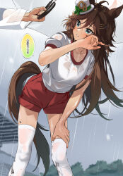 Rule 34 | 1boy, 1girl, ahoge, animal ears, bent over, blush, breasts, brown hair, cloud, cloudy sky, dirty, dirty clothes, feet out of frame, green eyes, gym uniform, hair between eyes, hair ornament, hairclip, hand on own thigh, hat, holding, holding umbrella, horse ears, horse girl, horse tail, long hair, long sleeves, looking at another, mini hat, mini top hat, misu kasumi, mr. c.b. (umamusume), outdoors, rain, raincoat, red shorts, shirt, short sleeves, shorts, sky, small breasts, smile, standing, tail, thighhighs, top hat, tracen training uniform, trainer (umamusume), umamusume, umbrella, wet, wet clothes, wet shirt, white shirt, white thighhighs, wiping face