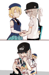 Rule 34 | 10s, 2koma, album cover, alternate costume, alternate hairstyle, bag, baseball cap, beret, black hat, black necktie, blonde hair, blue eyes, blue hat, blue jacket, braid, carrying, casual, character doll, closed mouth, comic, cover, darjeeling (girls und panzer), detached collar, disguise, elbow gloves, fud, girls und panzer, gloves, green skirt, hat, highres, holding, itsumi erika, jacket, long hair, looking at another, mask, merchandise, mouth mask, necktie, open mouth, otaku, pleated skirt, ponytail, print headwear, print shirt, shirt, shopping bag, short hair, short sleeves, silver hair, skirt, sleeveless, sleeveless jacket, smile, sunglasses, sweatdrop, t-shirt, translated, twin braids, white gloves, white shirt