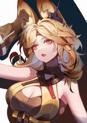 Rule 34 | 1girl, absurdres, animal ears, arknights, bare shoulders, blonde hair, breasts, brown gloves, cat ears, chinese commentary, cleavage, cleavage cutout, clothing cutout, commentary request, earpiece, gloves, gradient background, hand on own ear, highres, large breasts, long hair, looking at viewer, open mouth, orange eyes, parted lips, quercus (arknights), sleeveless, solo, sweatdrop, underbust, upper body, vsa (xmj173178)
