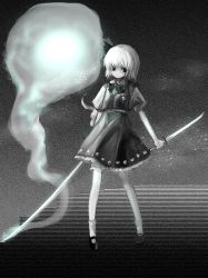 Rule 34 | 1girl, abstract background, bob cut, bow, bowtie, breasts, circle skirt, closed mouth, collared shirt, commentary request, dual wielding, full body, greyscale, hair ribbon, highres, hitodama print, holding, katana, konpaku youmu, konpaku youmu (ghost), looking to the side, medium skirt, monochrome, on ( l0 ), ribbon, shirt, shoes, short hair, short sleeves, skirt, skirt set, small breasts, socks, solo, sword, touhou, vest, wakizashi, weapon