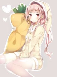 Rule 34 | 1girl, asymmetrical legwear, bad id, bad pixiv id, between legs, blush, brown eyes, carrot, carrot-shaped pillow, grey background, hand between legs, hat, heart, highres, long hair, looking at viewer, mismatched legwear, nightcap, nightgown, niito, hugging object, original, pillow, pink hair, pom pom (clothes), sitting, solo, thighhighs, white thighhighs