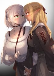 Rule 34 | 2girls, absurdres, black choker, black jacket, blonde hair, bra strap, braid, breasts, choker, commentary request, crown braid, eye contact, french braid, gradient background, green eyes, grey background, grey hair, highres, holding hands, hololive, jacket, large breasts, long sleeves, looking at another, multiple girls, ohako (ohako1818), open clothes, open jacket, pointy ears, ribbed sweater, shiranui flare, shiranui flare (street), shirogane noel, shirogane noel (casual), short hair, sweater, virtual youtuber, white background, white sweater, yuri