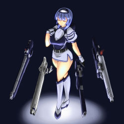 Rule 34 | armored core, armored core: for answer, armored core 4, blue hair, curvy, energy gun, closed eyes, from software, high heels, high laser rifle, laser rifle, mecha musume, plasma rifle, rail gun, skirt, smile, thick thighs, thighs, weapon, y01-tellus