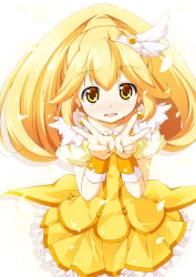 Rule 34 | 10s, 1girl, altivr, blonde hair, cure peace, double v, hair flaps, highres, kanzaki sora, kise yayoi, long hair, magical girl, petals, ponytail, precure, ribbon, skirt, smile precure!, solo, v, wide ponytail, wrist cuffs, yellow eyes, yellow skirt, yellow theme