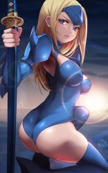 Rule 34 | 1girl, armor, ass, blonde hair, blue eyes, blue leotard, blue thighhighs, boots, breasts, cleavage, cleavage cutout, clothing cutout, dated, detached sleeves, eyelashes, full body, headpiece, highres, katana, lens flare, leotard, lips, looking at viewer, looking back, medium breasts, mizuki (punisher), on one knee, pauldrons, shoulder armor, shoulder spikes, skydrg, solo, spikes, sun, sword, the punisher, thigh boots, thighhighs, turtleneck, weapon