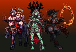 Rule 34 | 4girls, animal ear fluff, animal ears, animal hands, bicorn (monster girl encyclopedia), black hair, black sclera, blindfold, blush, body fur, body markings, bodysuit, breast tattoo, breasts, brown hair, candle, chain, claws, cleavage, colored sclera, colored skin, cuffs, dark-skinned female, dark skin, demon girl, demon horns, demon tail, demon wings, dog ears, dog paws, dog tail, eyepatch, facial mark, facial tattoo, fire, fishnet bodysuit, fishnets, flaming eyes, furry, furry female, green skin, grey hair, grey skin, heart, heart tattoo, hellhound (monster girl encyclopedia), highres, hoop, hooves, horns, horse girl, horse tail, hula hoop, large breasts, leg tattoo, leotard, lesser succubus, looking at viewer, low wings, monster girl, monster girl encyclopedia, monster girl encyclopedia ii, multiple girls, navel, nipple tassels, ogre, ogre (monster girl encyclopedia), pale skin, pasties, ponytail, pubic tattoo, restraints, revealing clothes, rope, segmented horns, shackle, shackles, skull, slit pupils, smile, smirk, stomach tattoo, tail, tattoo, udetamago, underboob, very dark skin, white hair, wings, wolf ears, wolf paws, wolf tail