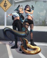 Rule 34 | 2girls, arknights, black footwear, black gloves, black hair, black pants, black pantyhose, black shorts, blue eyes, boots, breasts, cropped shirt, dated, eunectes (arknights), finger gun, gloves, grey hair, hair between eyes, hair ornament, head wings, highres, ho&#039;olheyak (arknights), looking at another, looking at viewer, making-of available, midriff, multiple girls, navel, outdoors, pants, pantyhose, pointy ears, rhine lab logo, shirt, short hair, shorts, shoulder tattoo, sign, ski.ip, small breasts, snake tail, tail, tail around another&#039;s leg, tattoo, torn clothes, torn pantyhose, white gloves, white shirt, wings