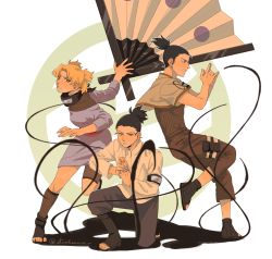 Rule 34 | 1girl, 2boys, absurdres, black hair, blonde hair, commentary, family, father and son, folded fan, folding fan, forehead protector, full body, hand fan, highres, husband and wife, isahnas, looking at viewer, mother and son, multiple boys, nara shikadai, nara shikamaru, naruto (series), naruto shippuuden, ninja, ponytail, shadow, short hair, simple background, squatting, standing, standing on one leg, temari (naruto), time paradox, umbrakinesis, white background